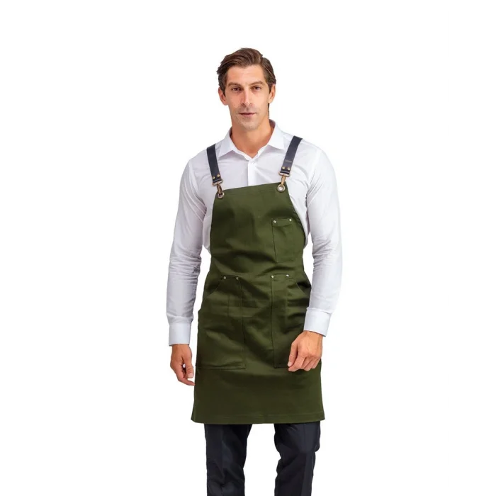 Barista Askılı Önlük Kanguru Cepli Deri Kemerli - Yeşil