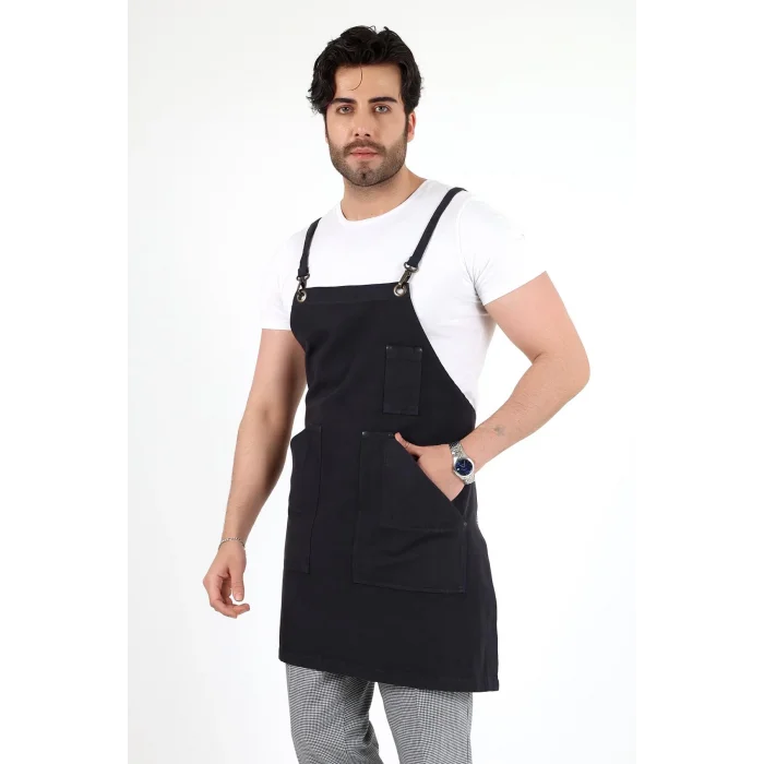 Barista Askılı Önlük Kanguru Cepli - Füme