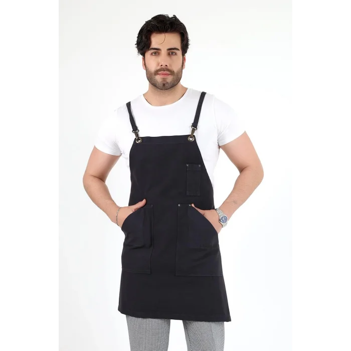 Barista Askılı Önlük Kanguru Cepli - Füme