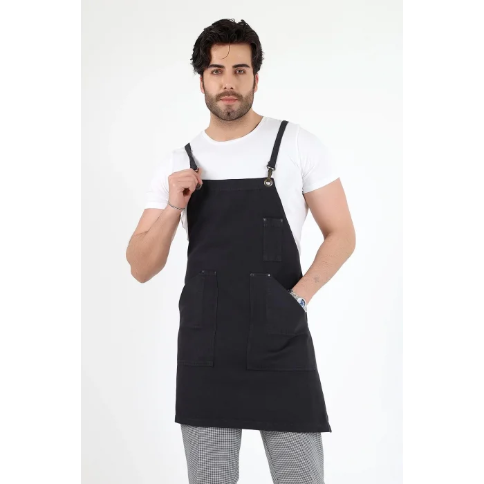 Barista Askılı Önlük Kanguru Cepli - Füme