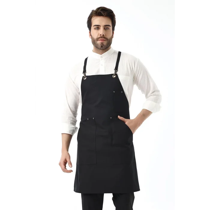 Barista Askılı Önlük Kanguru Cepli - Siyah