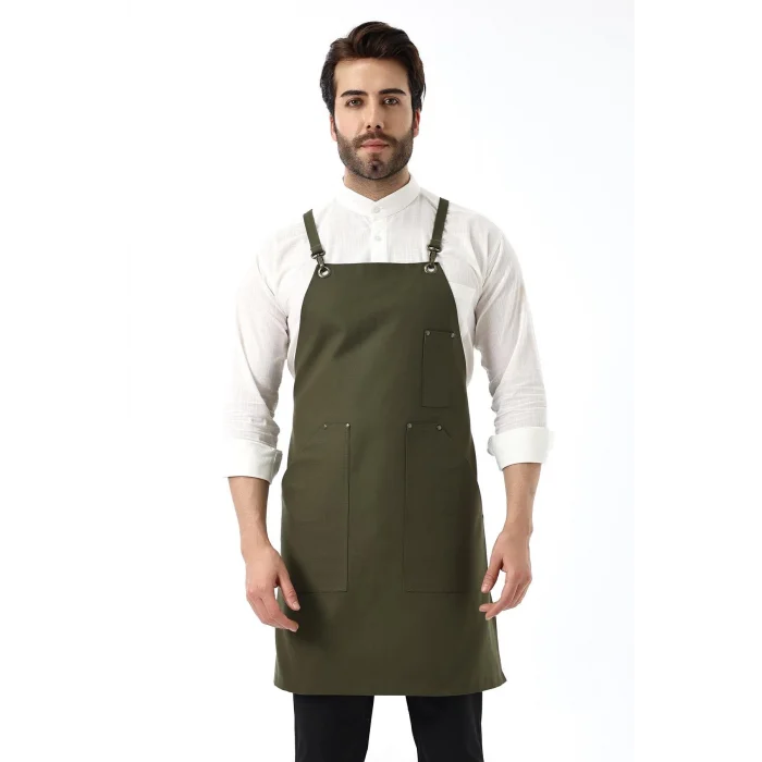 Barista Askılı Önlük Kanguru Cepli - Yeşil