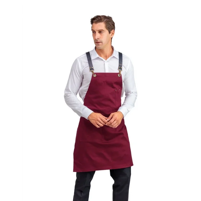 Barista Askılı Önlük Tek Cepli Deri Kemerli - Bordo