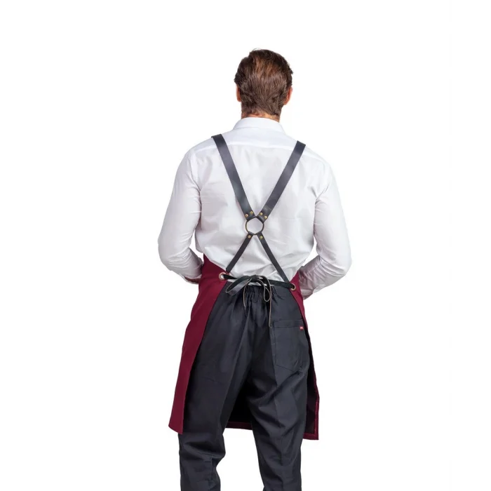 Barista Askılı Önlük Tek Cepli Deri Kemerli - Bordo