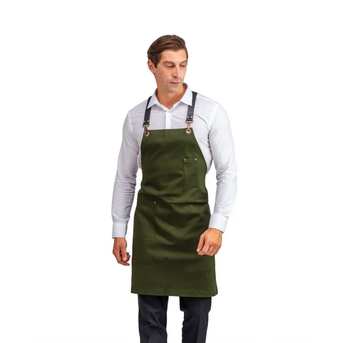 Barista Askılı Önlük Tek Cepli Deri Kemerli - Yeşil