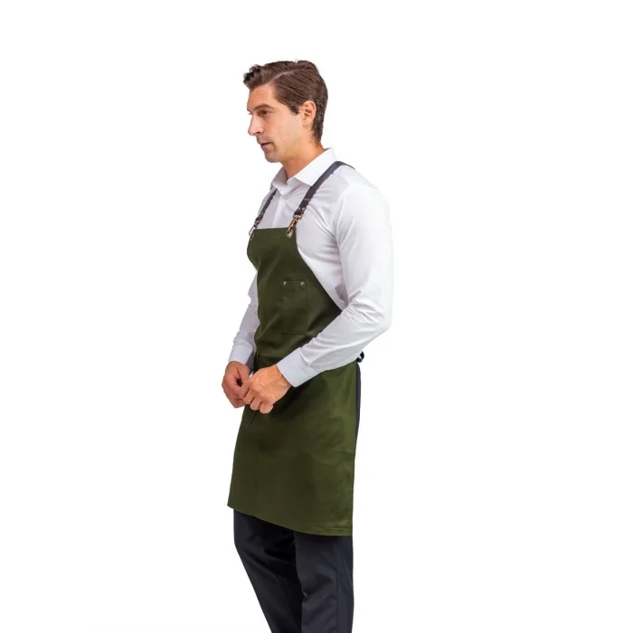 Barista Askılı Önlük Tek Cepli Deri Kemerli - Yeşil