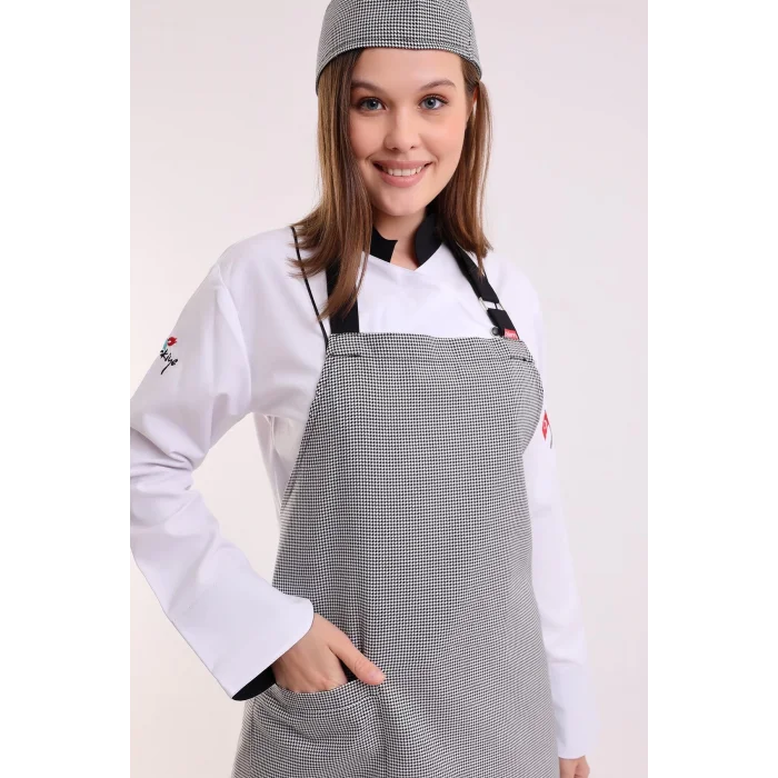 Desenli Askılı Önlük - 209 Kaz Ayağı Siyah Beyaz