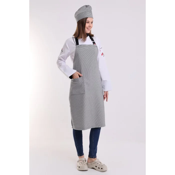 Desenli Askılı Önlük - 209 Kaz Ayağı Siyah Beyaz