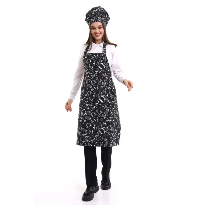 Desenli Askılı Önlük - 2502 Siyah Merdane