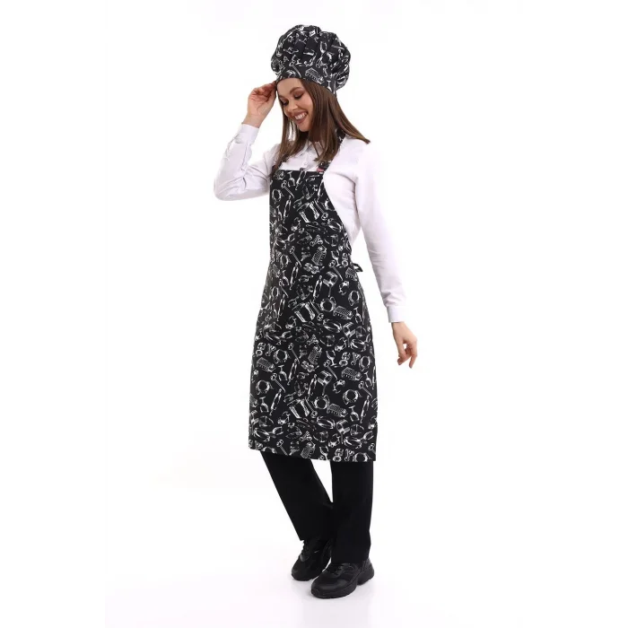 Desenli Askılı Önlük - 2502 Siyah Merdane