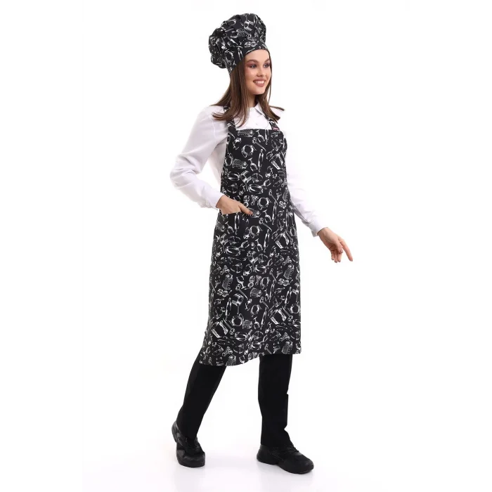 Desenli Askılı Önlük - 2502 Siyah Merdane