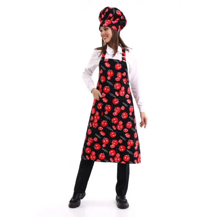 Desenli Askılı Önlük - 3201 Domates