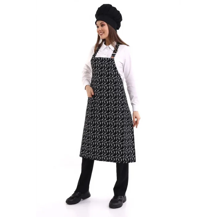 Desenli Askılı Önlük - 3802 Kılçık Siyah