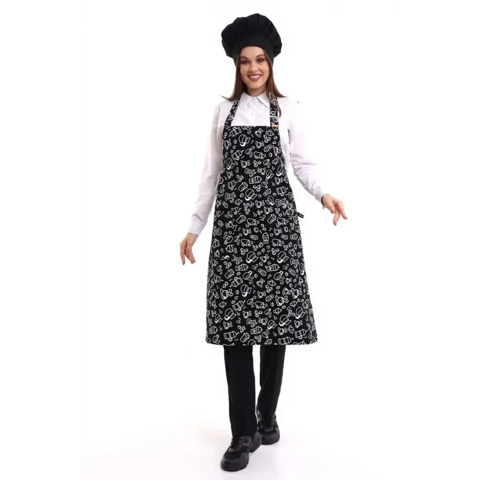 Desenli Askılı Önlük - 3803 Siyah Fincan