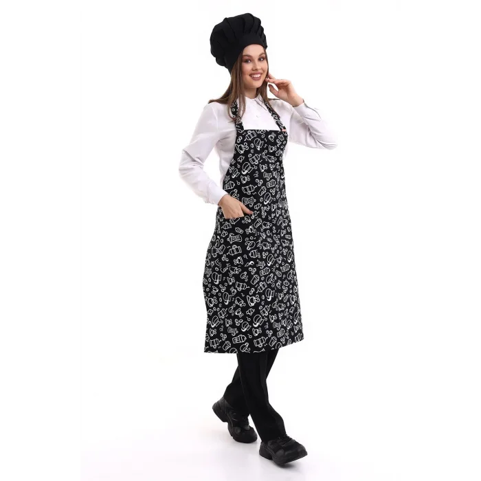 Desenli Askılı Önlük - 3803 Siyah Fincan