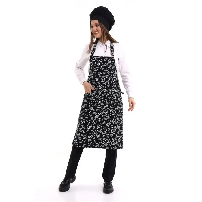 Desenli Askılı Önlük - 3803 Siyah Fincan