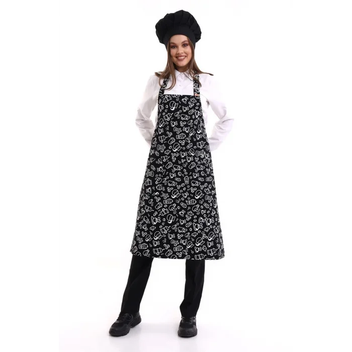 Desenli Askılı Önlük - 3803 Siyah Fincan
