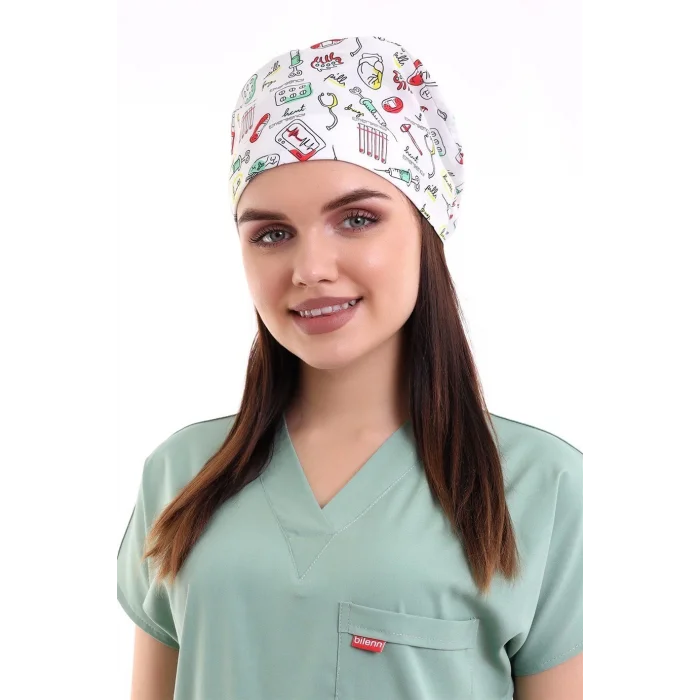 Dijital Unisex Desenli Bone - 6518 Beyaz Sağlık Sembolleri