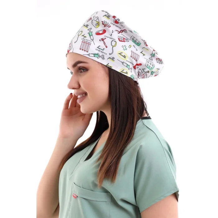 Dijital Unisex Desenli Bone - 6518 Beyaz Sağlık Sembolleri