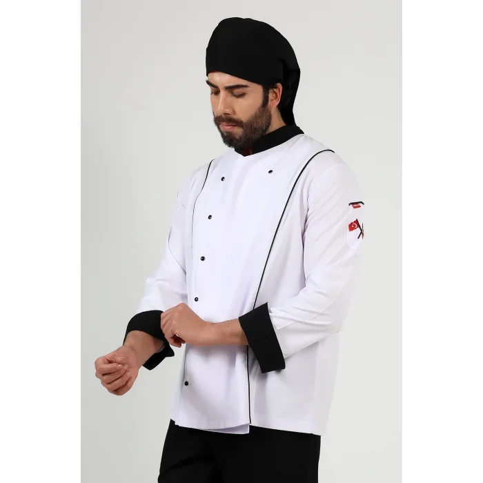 Erkek Aşçı Ceket 01 - Beyaz Siyah Biye
