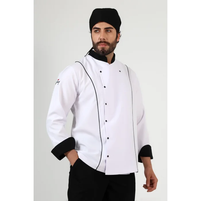 Erkek Aşçı Ceket 01 - Beyaz Siyah Biye