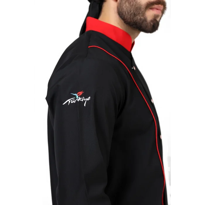 Erkek Aşçı Ceket 01 - Siyah Kırmızı Biye