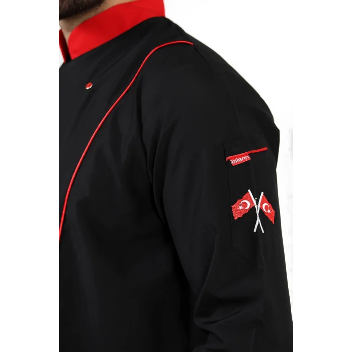 Erkek Aşçı Ceket 01 - Siyah Kırmızı Biye
