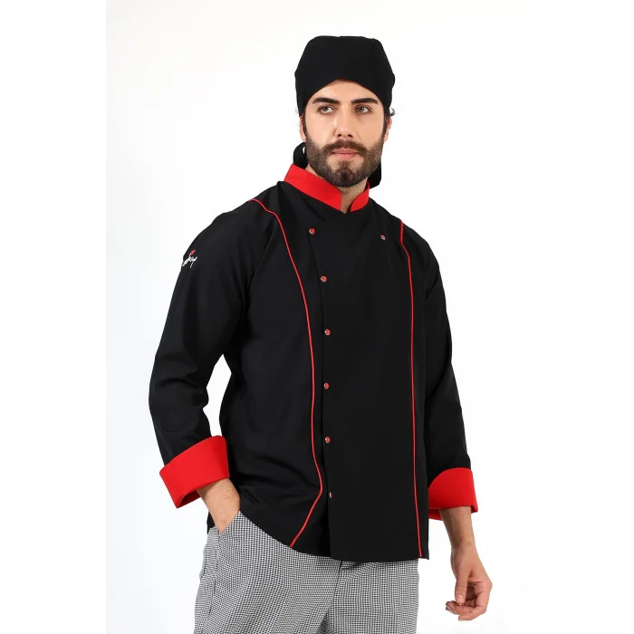 Erkek Aşçı Ceket 01 - Siyah Kırmızı Biye