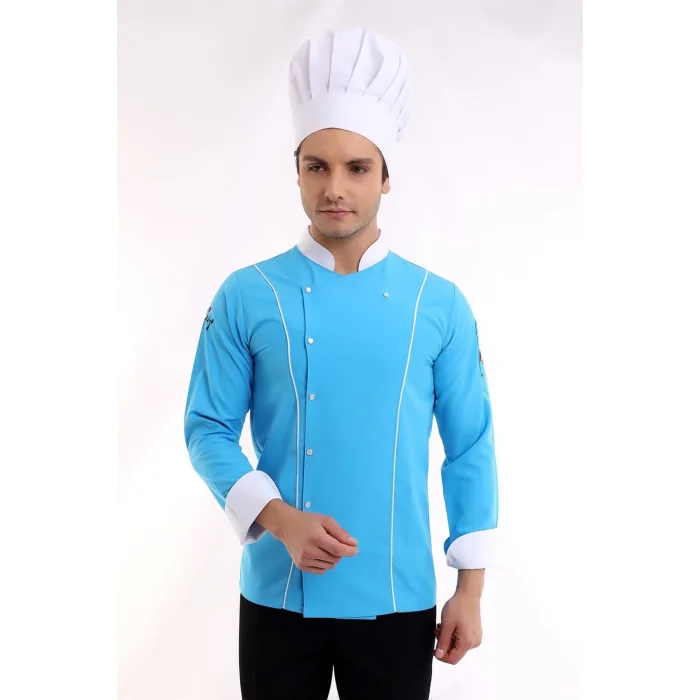 Erkek Aşçı Ceket 01 - Turkuaz Beyaz Biye