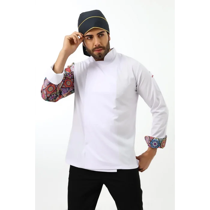 Erkek Likralı Kol Desenli Aşçı Ceket - 6401 Beyaz Çini