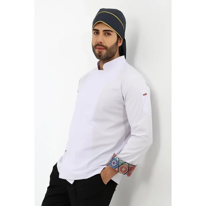 Erkek Likralı Kol Desenli Aşçı Ceket - 6401 Beyaz Çini