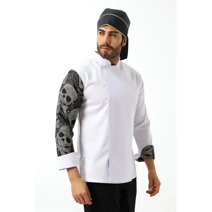 Erkek Likralı Kol Desenli Aşçı Ceket - 6401 Beyaz Kuru Kafa
