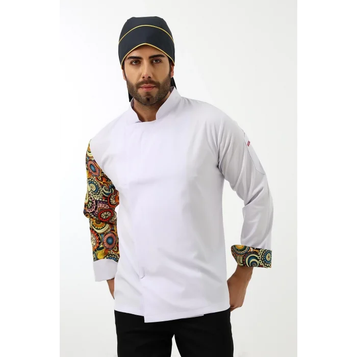 Erkek Likralı Kol Desenli Aşçı Ceket - 6401 Beyaz Renkli Daire