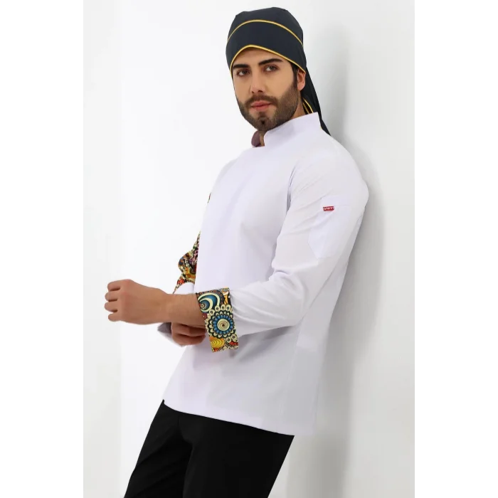 Erkek Likralı Kol Desenli Aşçı Ceket - 6401 Beyaz Renkli Daire
