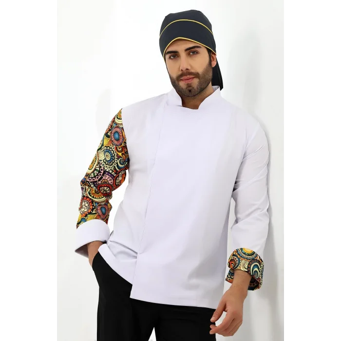 Erkek Likralı Kol Desenli Aşçı Ceket - 6401 Beyaz Renkli Daire