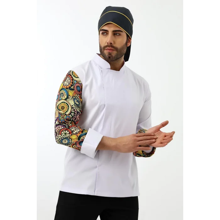 Erkek Likralı Kol Desenli Aşçı Ceket - 6401 Beyaz Renkli Daire