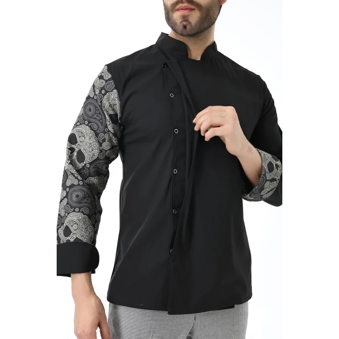 Erkek Likralı Kol Desenli Aşçı Ceket - 6403 Siyah Kuru Kafa