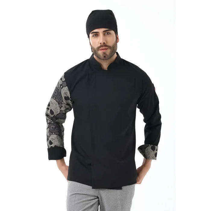 Erkek Likralı Kol Desenli Aşçı Ceket - 6403 Siyah Kuru Kafa
