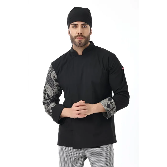 Erkek Likralı Kol Desenli Aşçı Ceket - 6403 Siyah Kuru Kafa