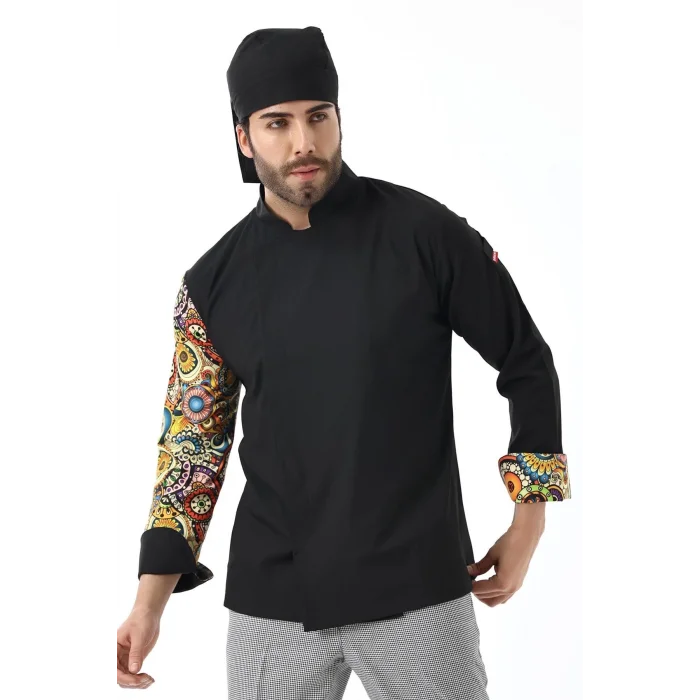 Erkek Likralı Kol Desenli Aşçı Ceket - 6403 Siyah Renkli Daire