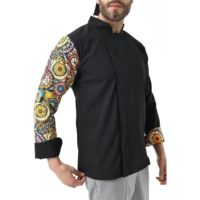 Erkek Likralı Kol Desenli Aşçı Ceket - 6403 Siyah Renkli Daire