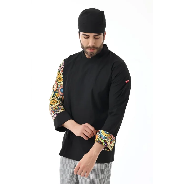 Erkek Likralı Kol Desenli Aşçı Ceket - 6403 Siyah Renkli Daire