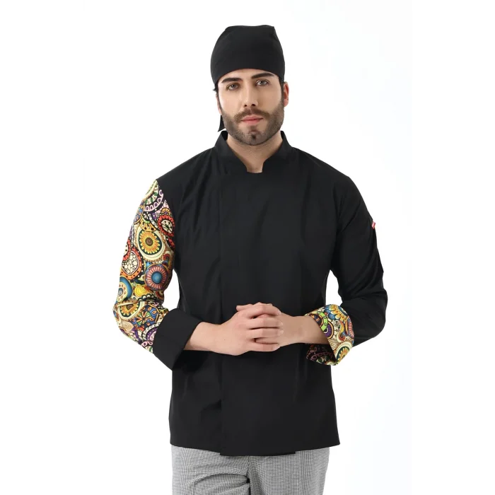 Erkek Likralı Kol Desenli Aşçı Ceket - 6403 Siyah Renkli Daire