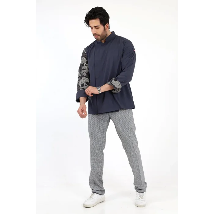 Erkek Likralı Kol Desenli Aşçı Ceket - 6417 Füme Kuru Kafa