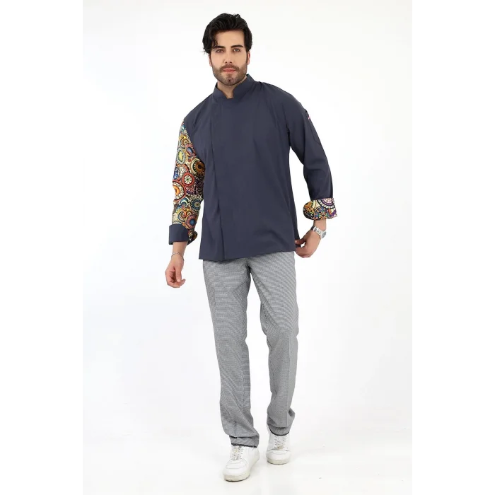 Erkek Likralı Kol Desenli Aşçı Ceket - 6417 Füme Renkli Daire