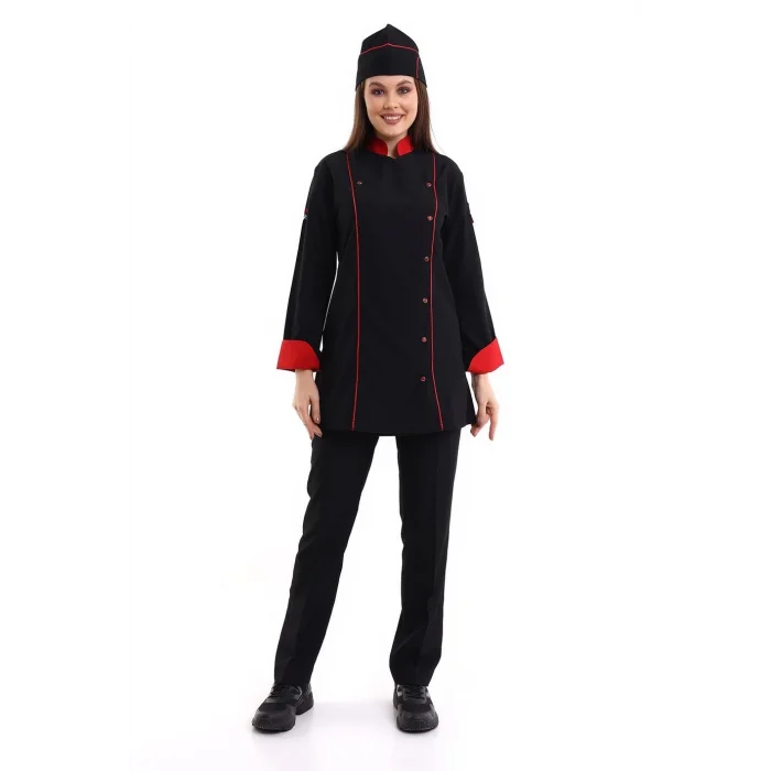 Kadın Aşçı Ceket 01 - Siyah Kırmızı Biye