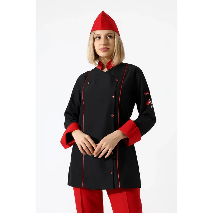 Kadın Aşçı Ceket 01 - Siyah Kırmızı Biye