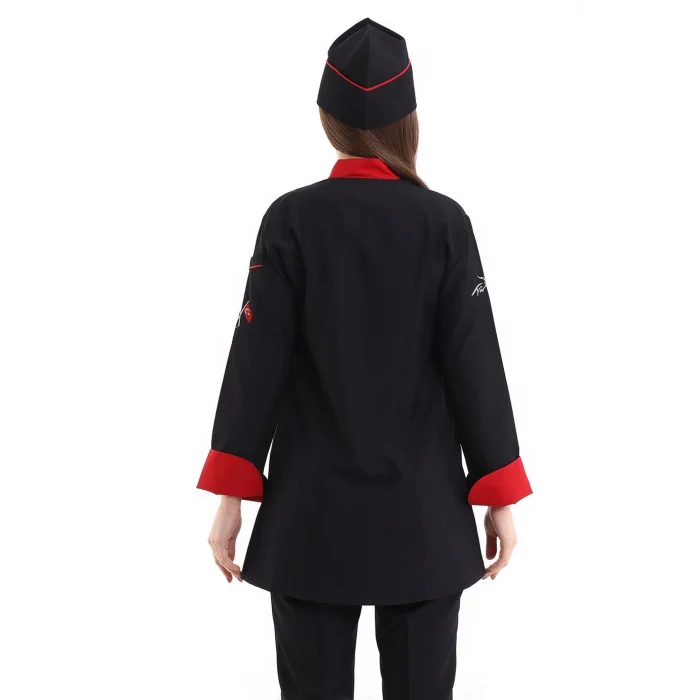 Kadın Aşçı Ceket 01 - Siyah Kırmızı Biye