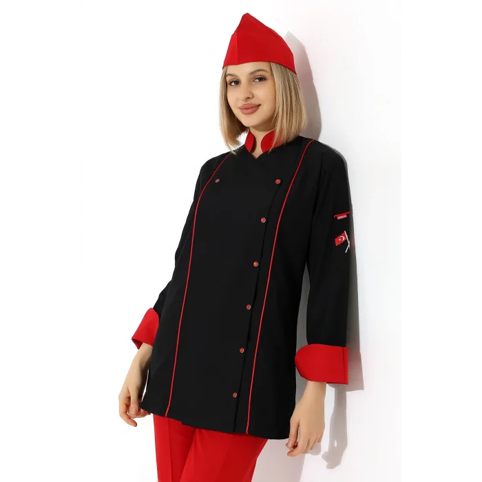 Kadın Aşçı Ceket 01 - Siyah Kırmızı Biye