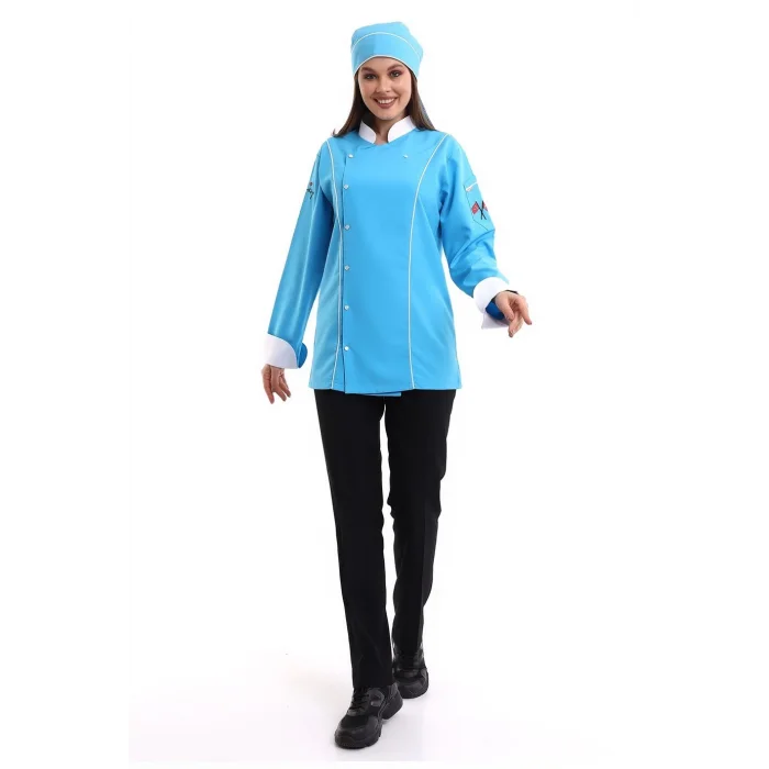 Kadın Aşçı Ceket 01 - Turkuaz Beyaz Biye